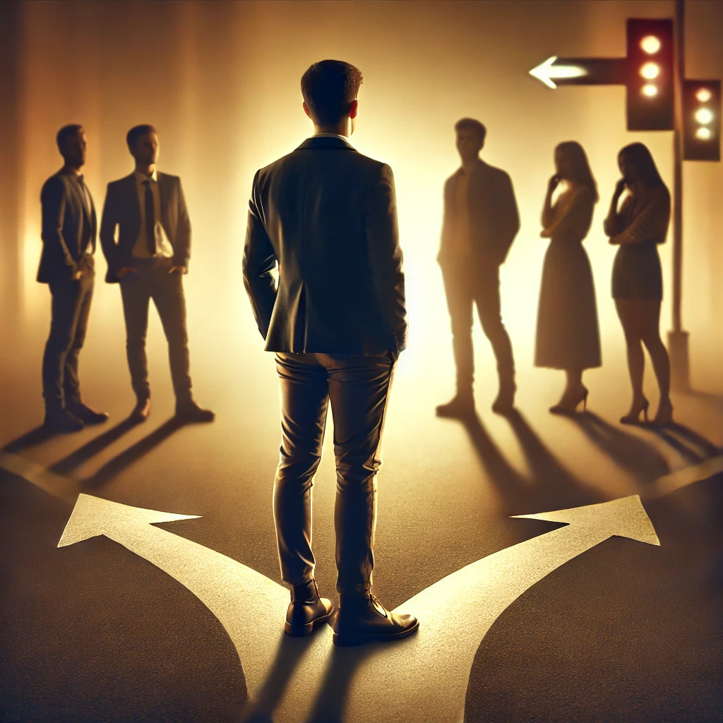 A person standing alone at a crossroads, looking back at a group of friends in the distance. The person is dressed more formally, symbolizing ambition and growth, while the friends appear disappointed or indifferent, highlighting the choice between personal growth and staying connected to the familiar.