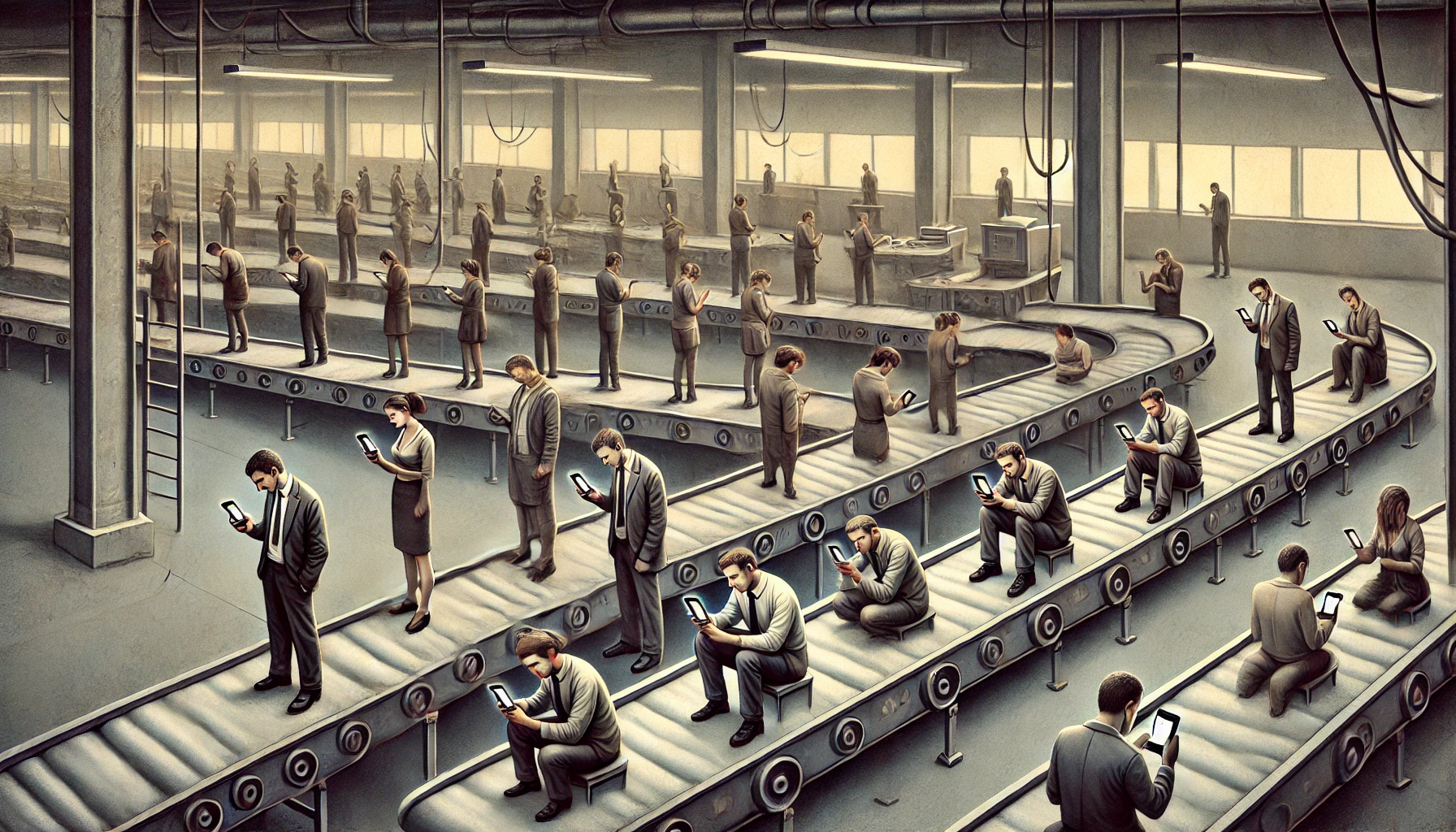People on a conveyor belt moving to and from work, engrossed in their cell phones, symbolizing monotony and technological obsession.