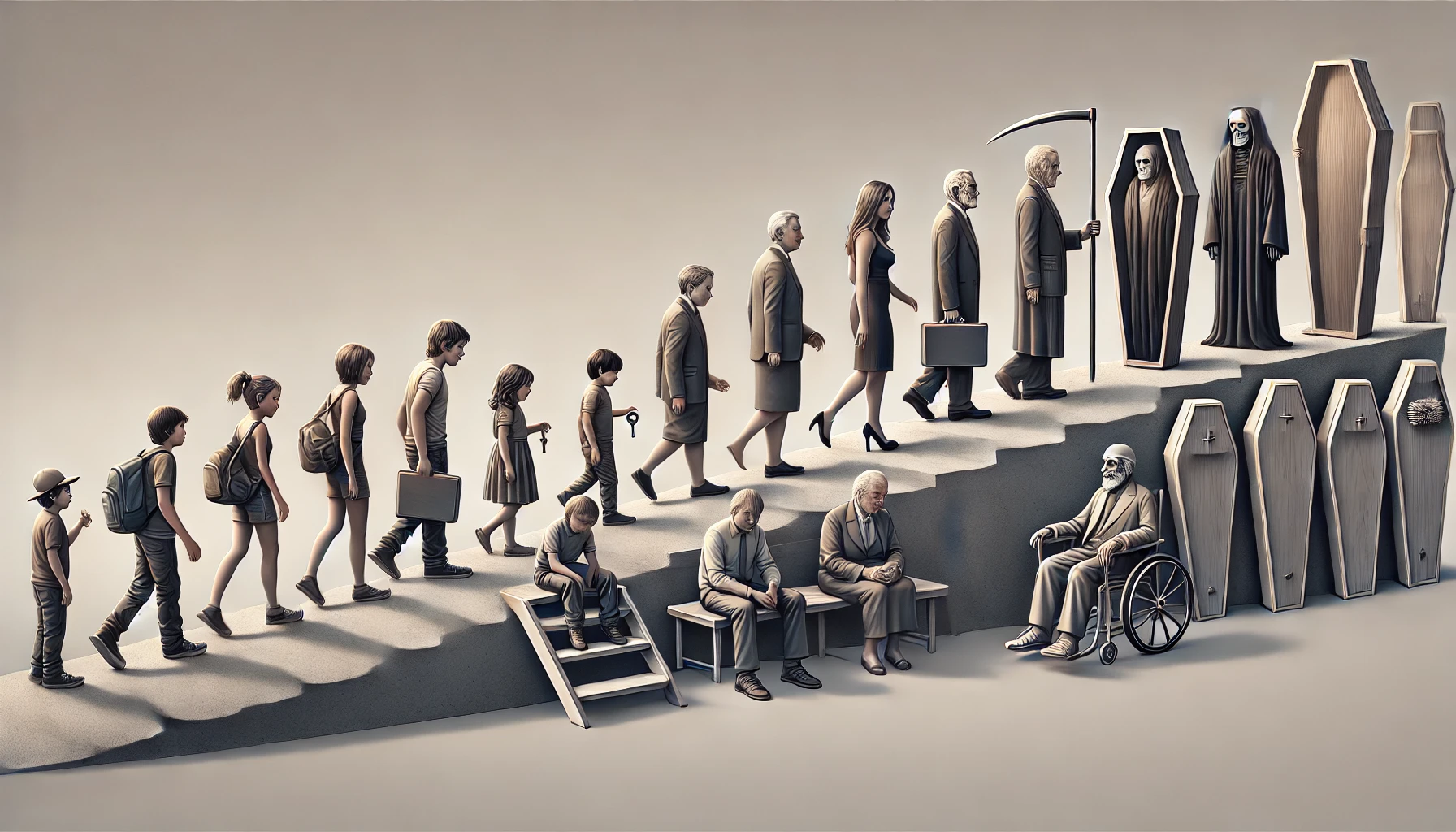 Here is the image showing kids growing into adults along a predefined path, culminating with a coffin at the end to symbolize the inevitability of life's stages.