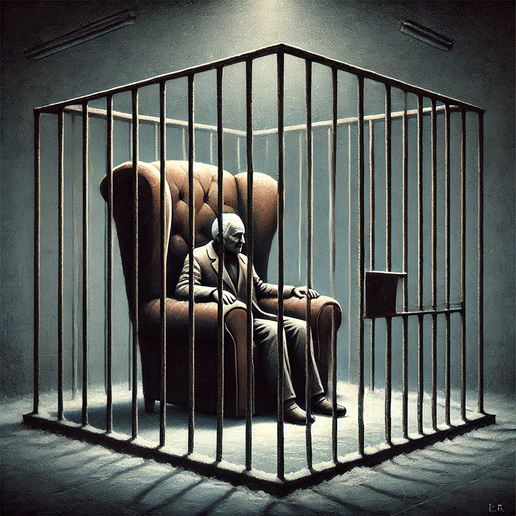 Here is the image illustrating an old man sitting in a comfy chair, locked away behind iron bars, symbolizing confinement and isolation.