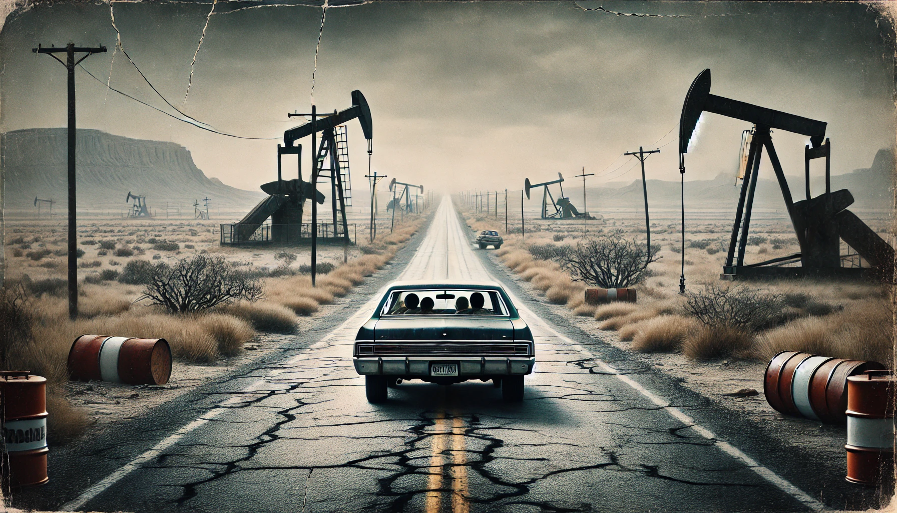The image features a family visible inside their car, traveling alone on a desolate road with pump jacks and tumbleweeds in the barren landscape.