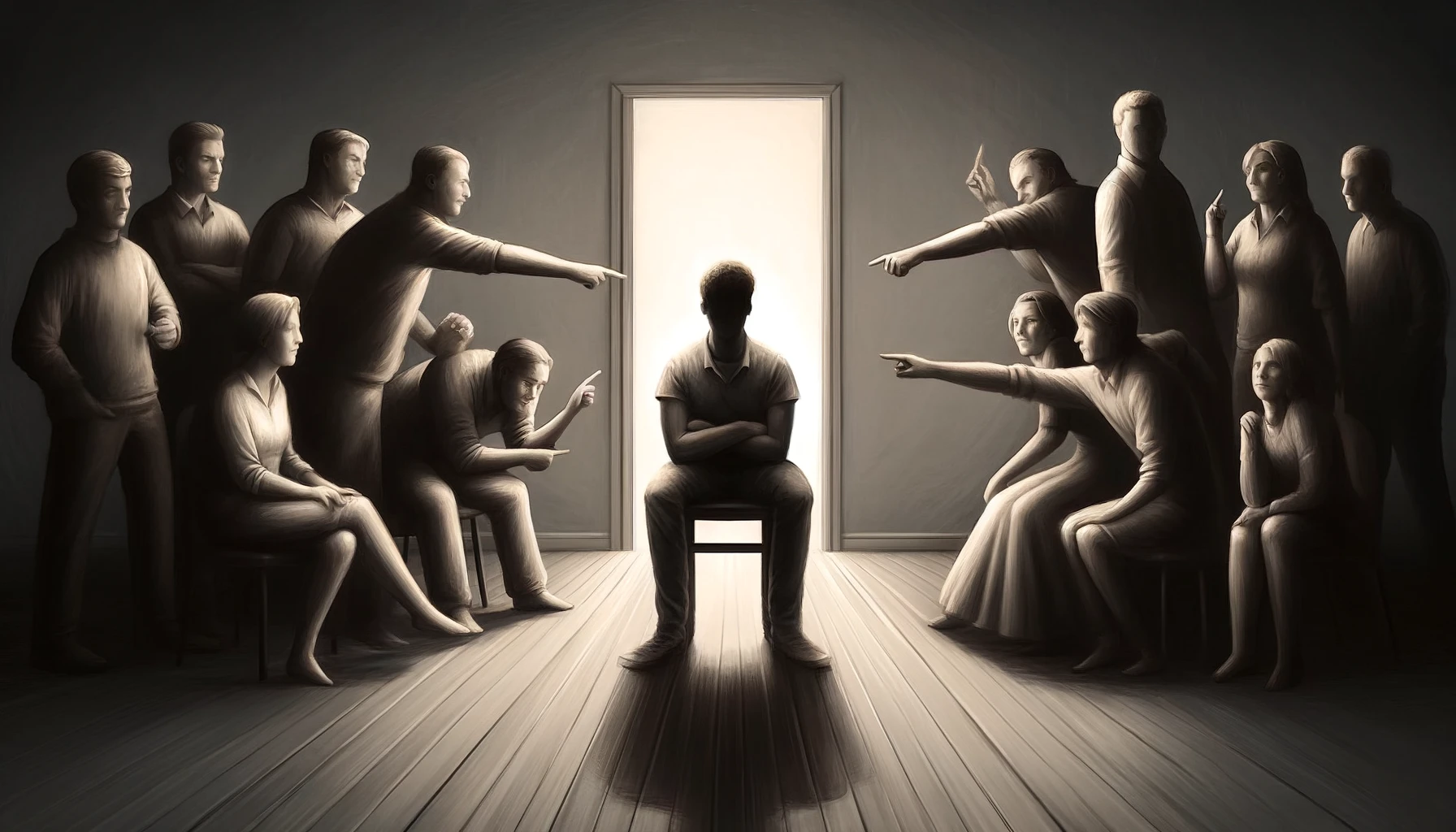 Here is the image depicting a person sitting calmly in a room while others accuse them and some leave, capturing the themes of judgment, rejection, and resilience.