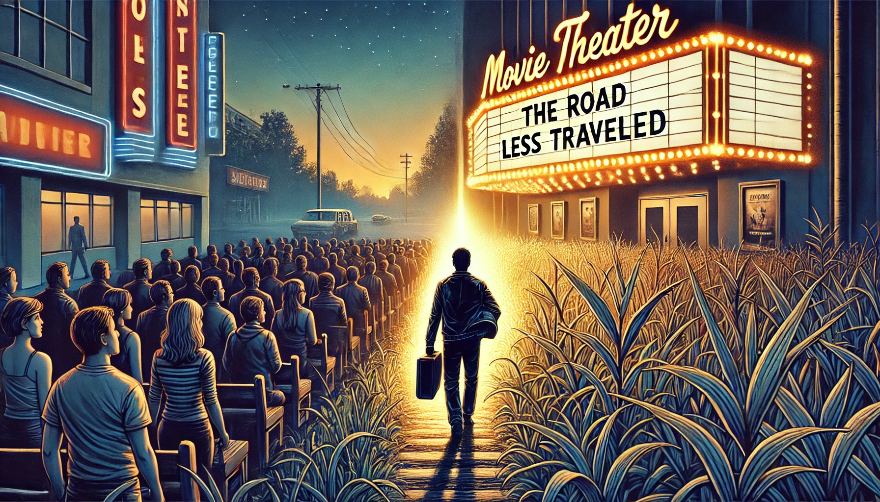 Here is the updated image showing a man walking away from a bustling movie theater, choosing the road less traveled.