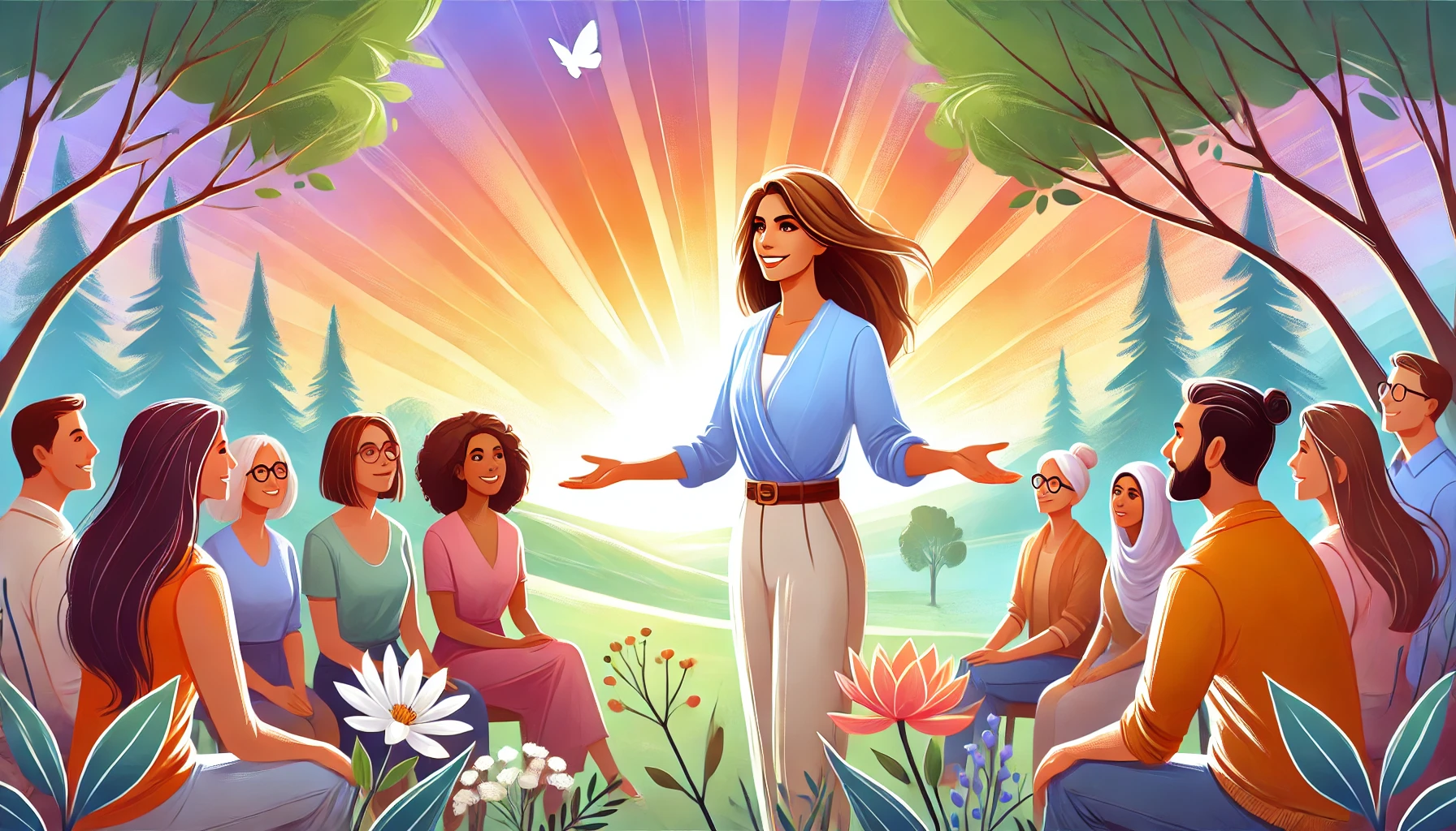 The image of a woman inspiring others to live a more fulfilling life, set in a serene outdoor environment with a diverse group of people listening attentively.