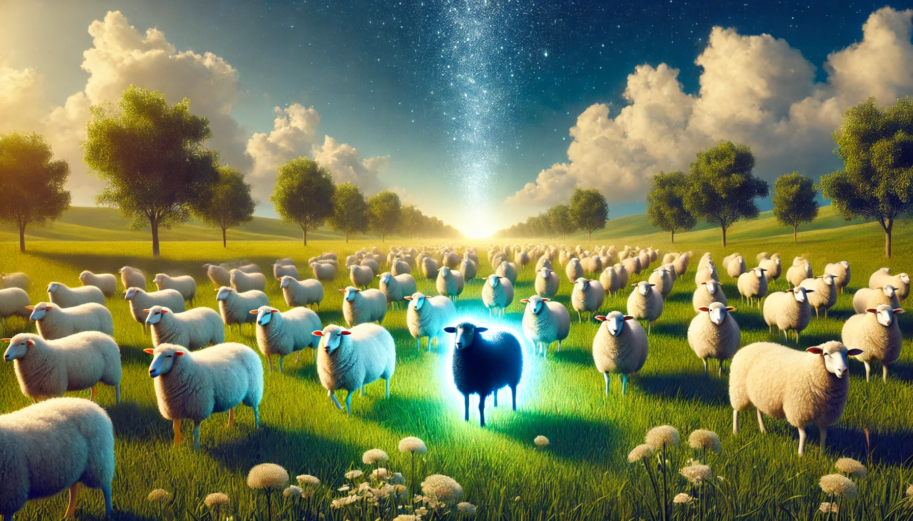 The image shows 99 white sheep and one glowing black sheep radiating light, symbolizing individuality and uniqueness in the serene meadow setting.