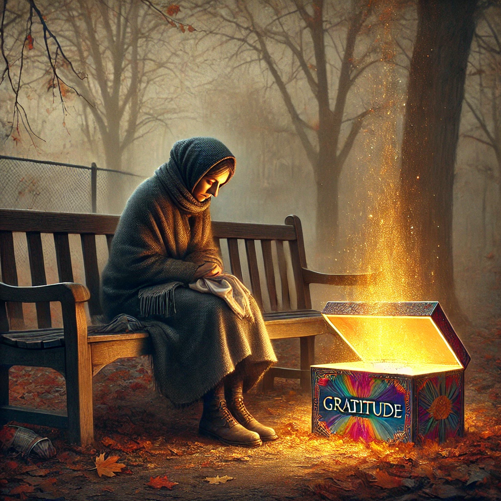 Here is the image of a sick woman sitting on a bench, feeling sorry for herself, with a box labeled "Gratitude" spilling "Health" beside her feet.