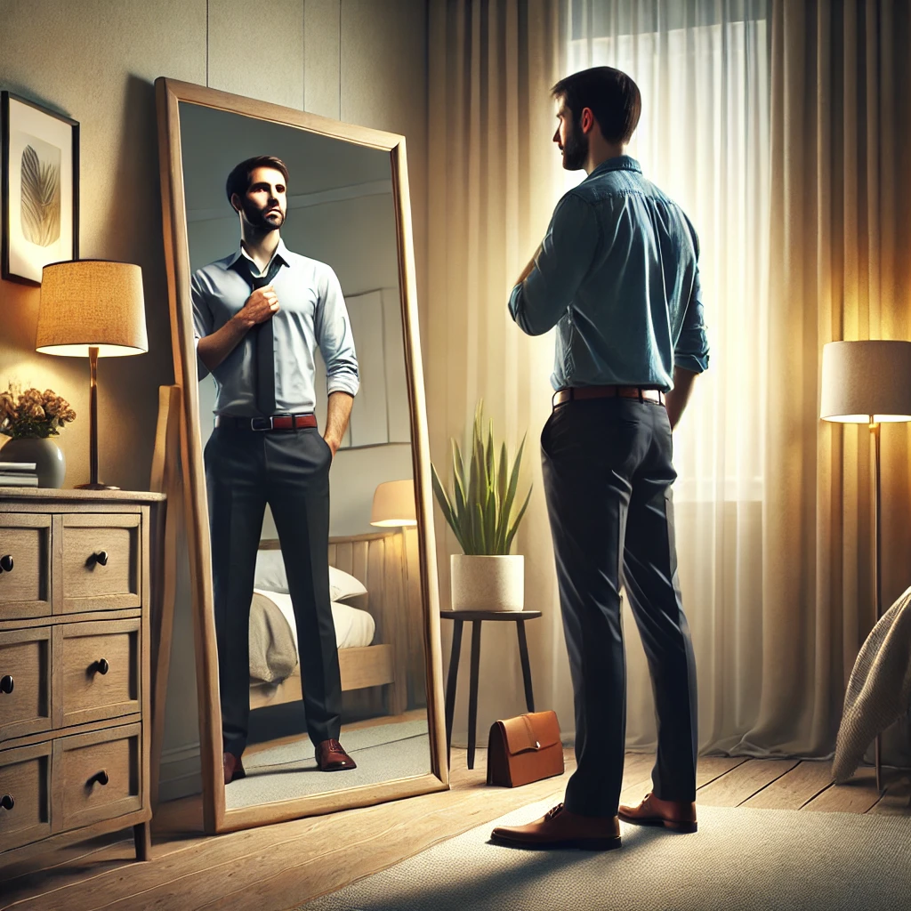 The image of a man standing in front of a mirror, witnessing his transformation into a better version of himself.