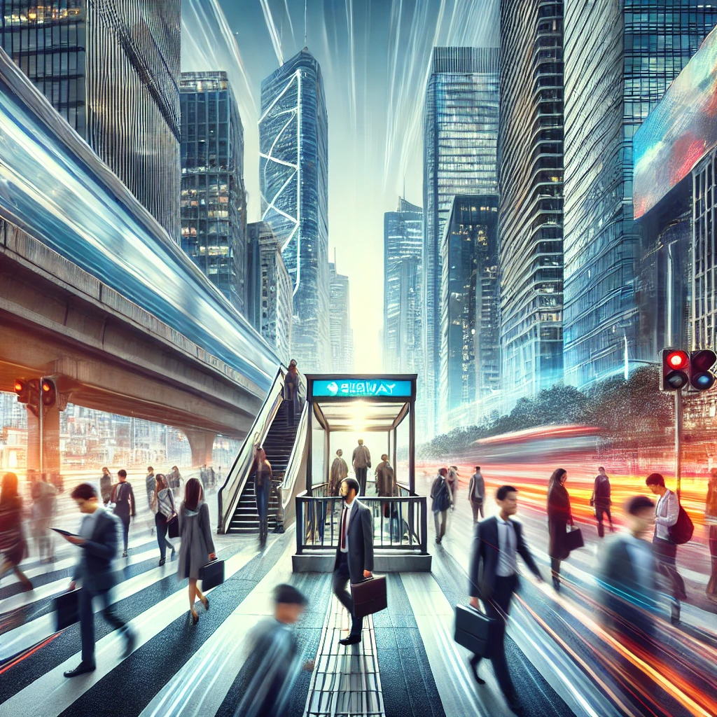 Here is the image representing a fast-paced society, with people moving to and from in an energetic urban setting.