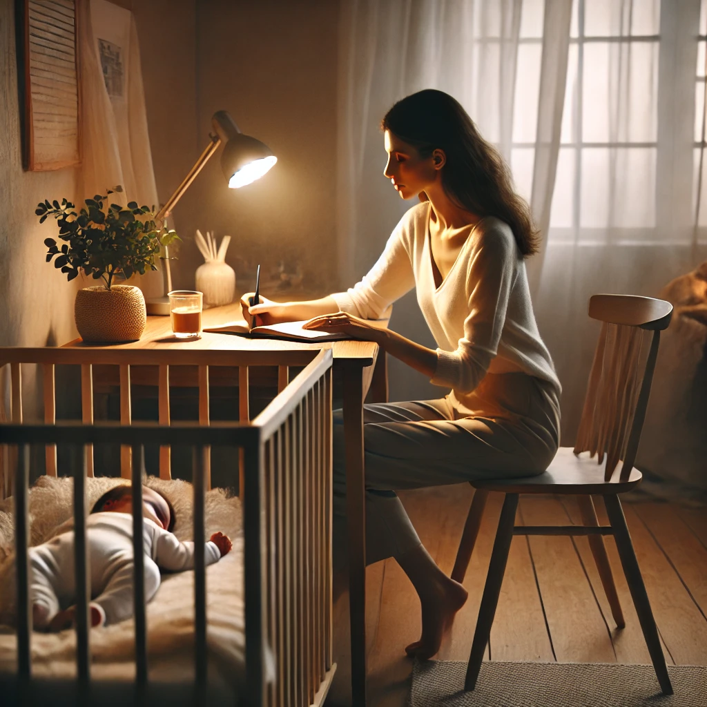 Here is the updated image of a woman sitting and writing in her journal while her baby sleeps peacefully.