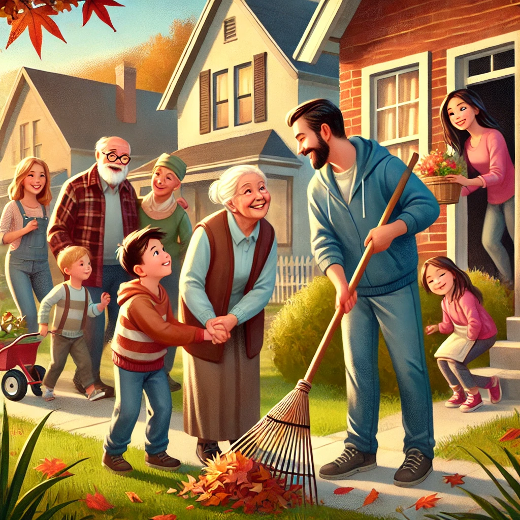 Here is the image depicting a family helping a neighbor while other neighbors peek curiously from their windows.