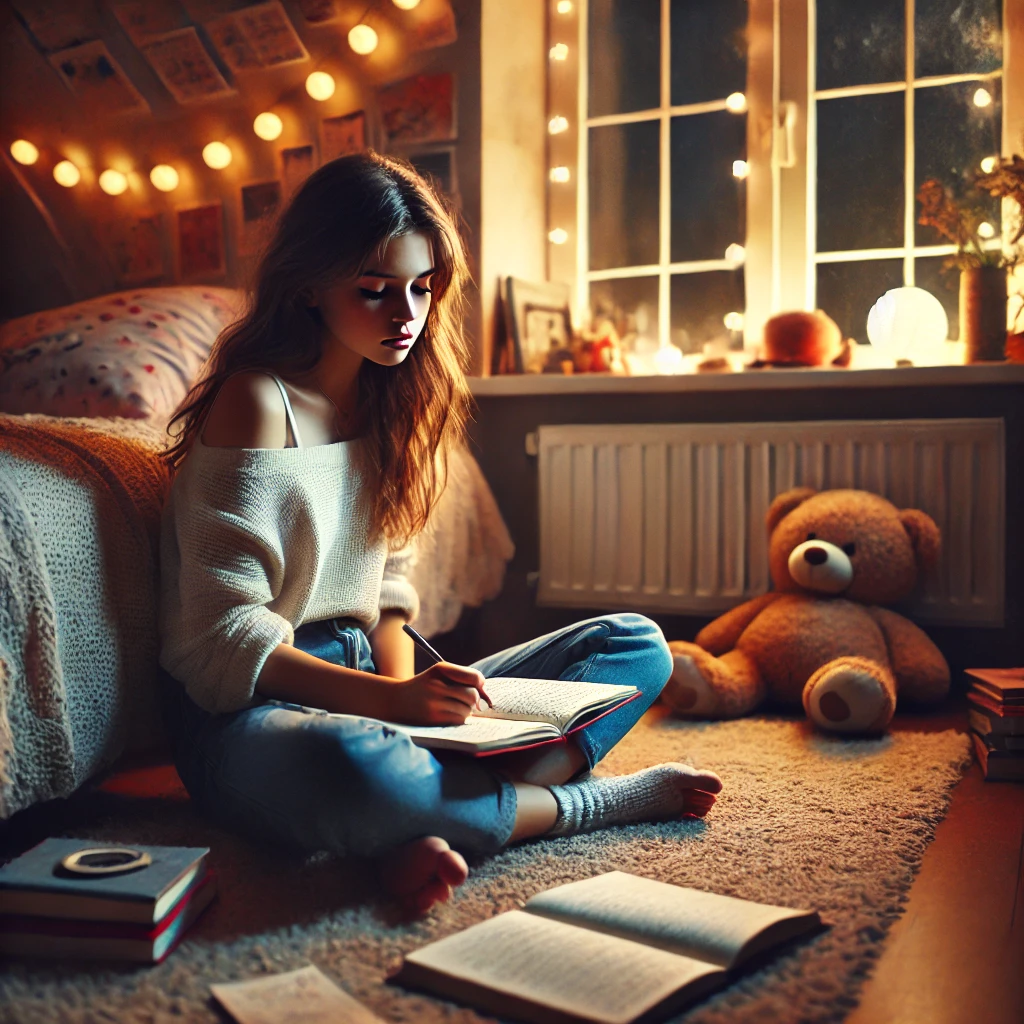 Here is the image of a teenage girl sitting and writing in her journal, finding peace amidst her struggle with anxiety.