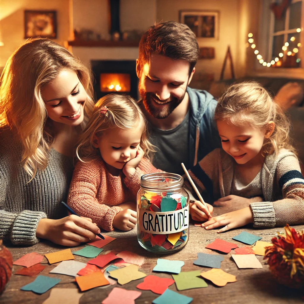 Here is the image of a family gathered around a table creating a gratitude jar, sharing joyful and reflective moments.