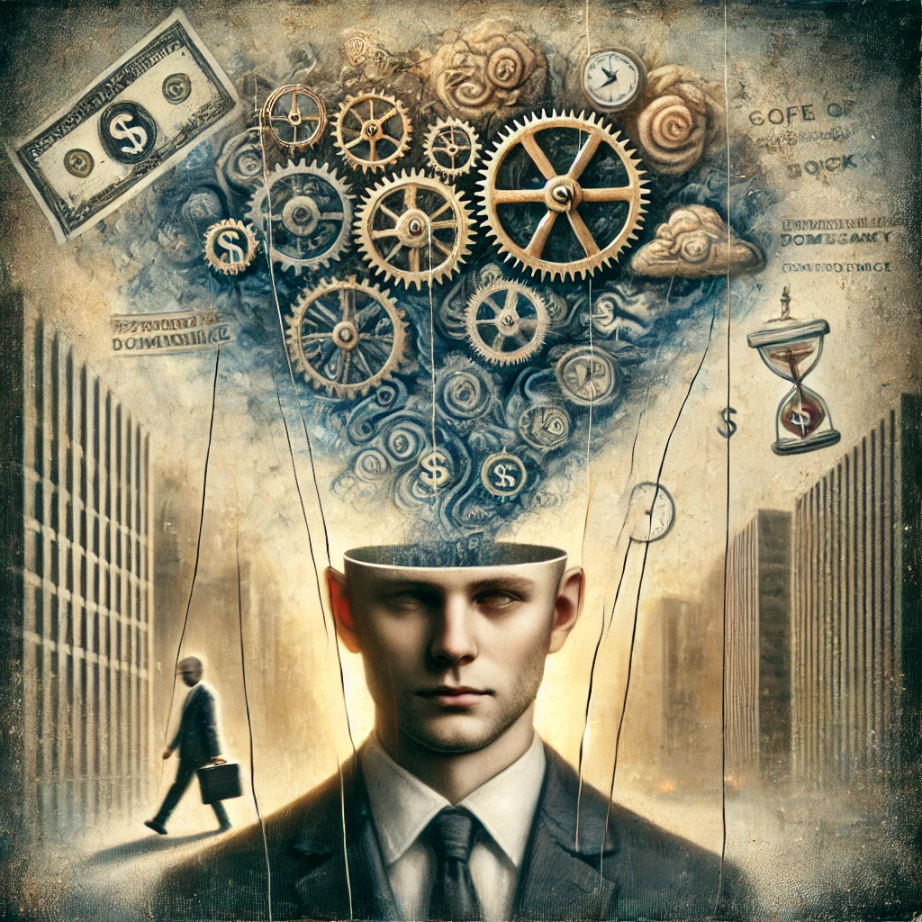 Here is the generated surreal depiction of a man's mind being controlled and drifting into thoughts of conformity and mediocrity.