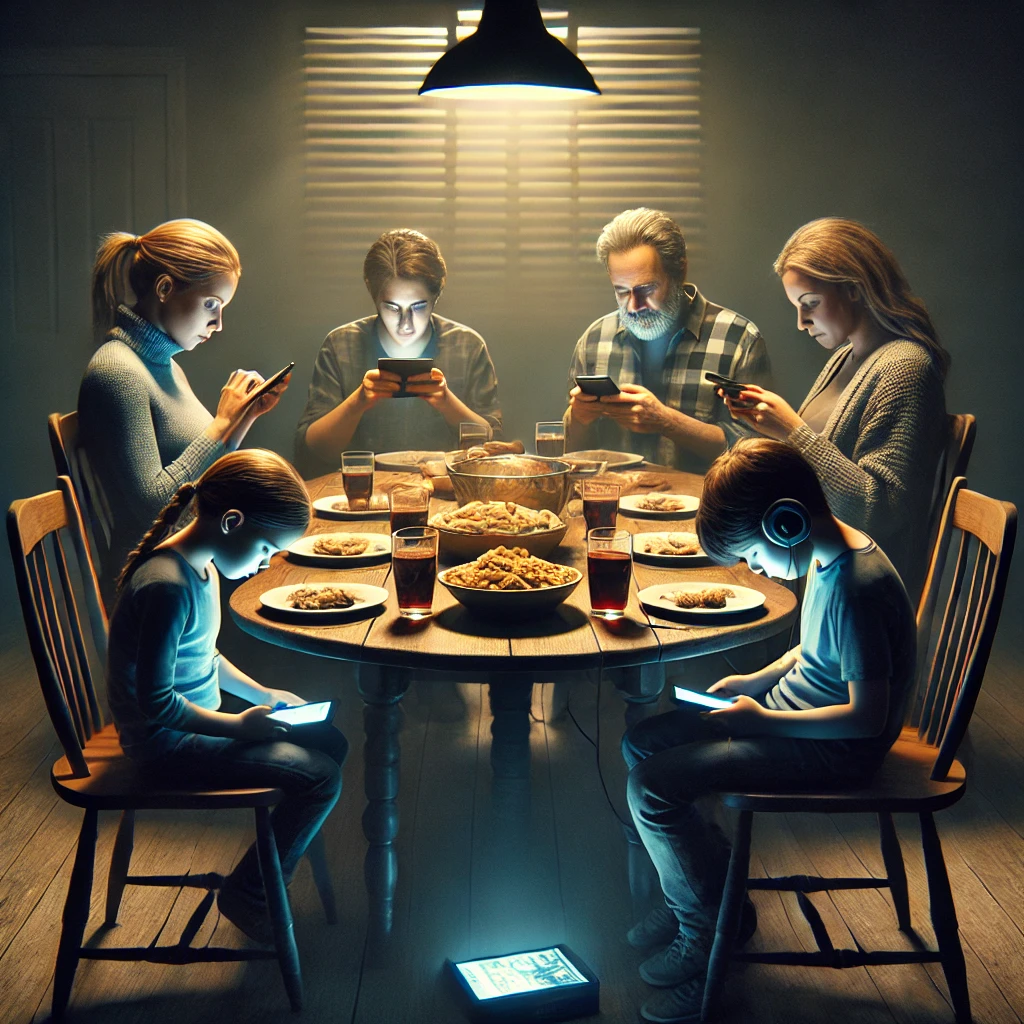 The image shows a family glued to there cell phones while having family meal.