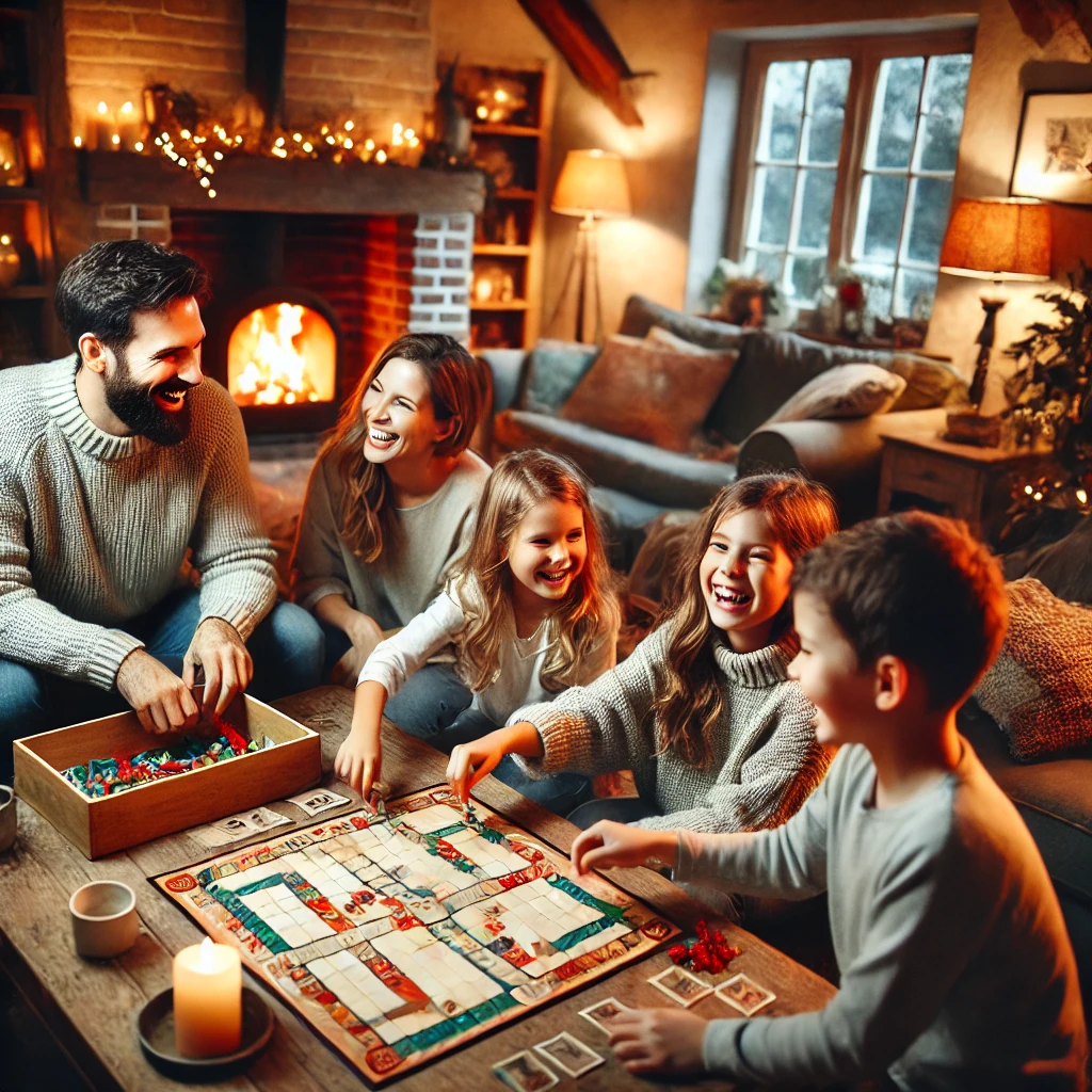 The image of a family joyfully playing a board game with a glowing fireplace.