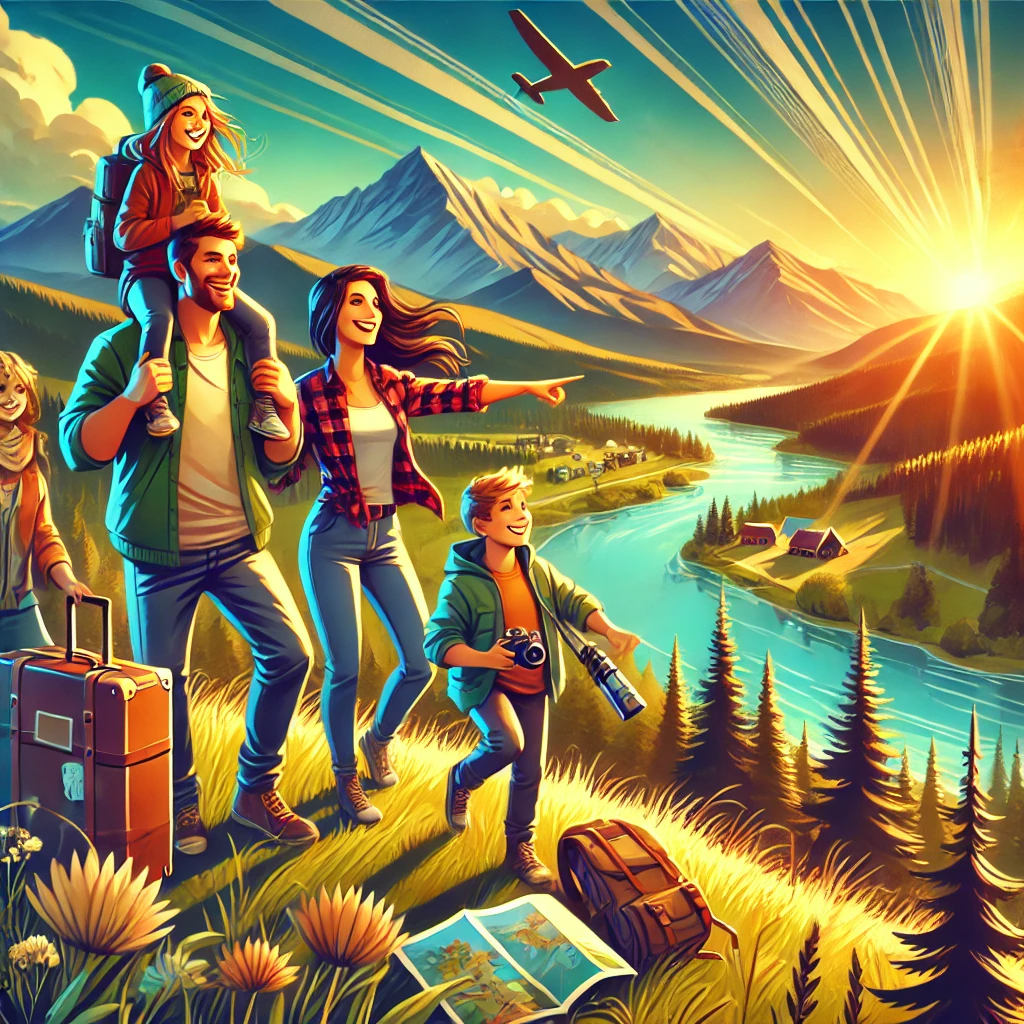 The image of a family joyfully exploring life’s wonders, living with purpose and happiness in a beautiful natural setting.