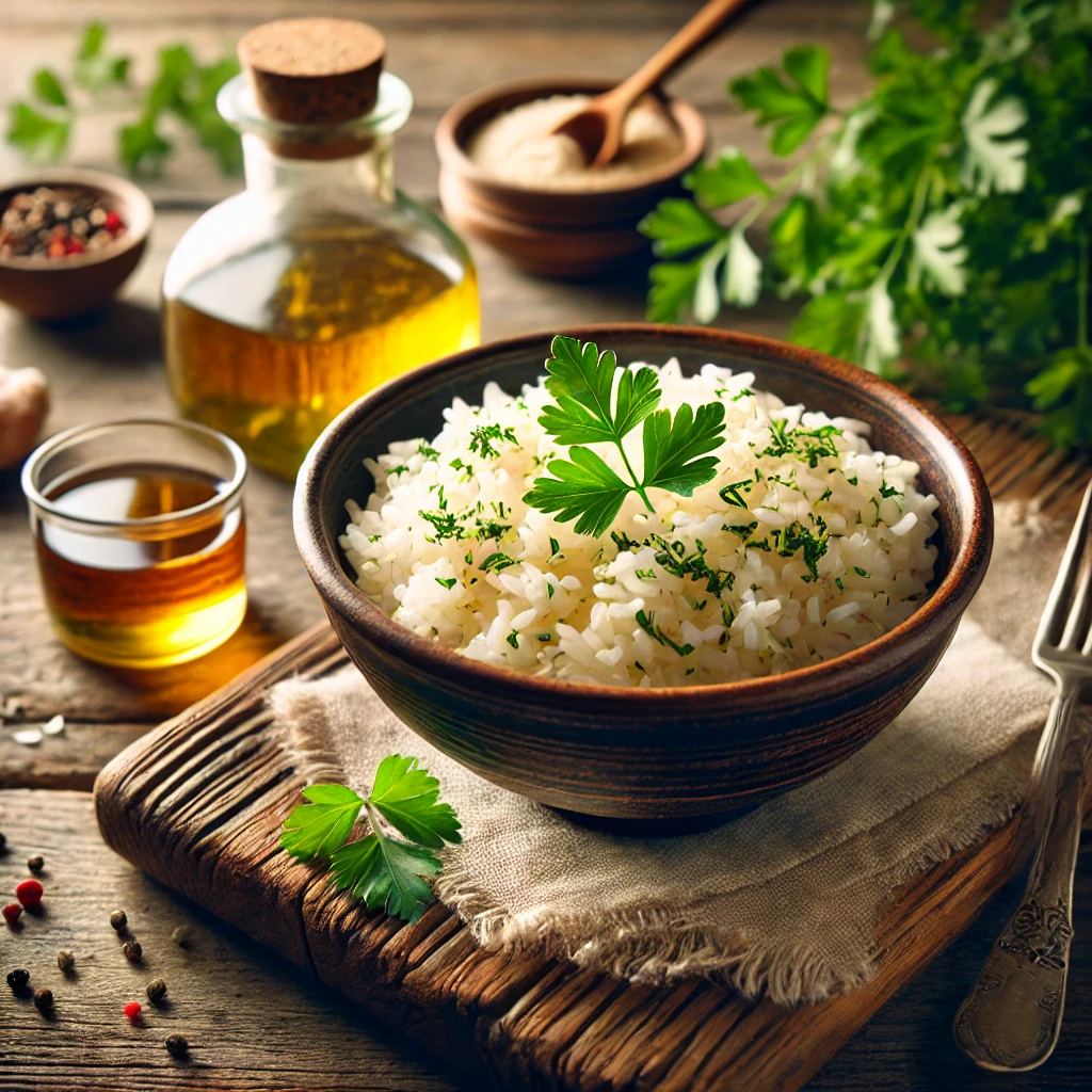 A plate of cooked fermented rice garnished with fresh herbs and vegetables, displayed on a clean white table with a minimalist background.