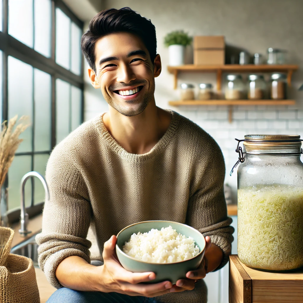 A cheerful man holding a bowl of fermented rice in a cozy kitchen, with a fermentation setup and natural light streaming through a window.
