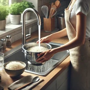The image is of a woman rinsing rice at her kitchen sink.