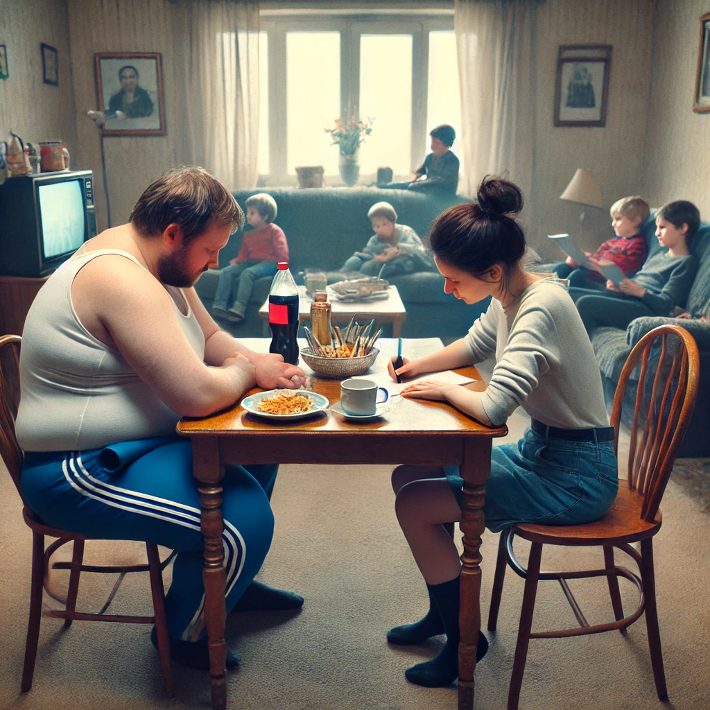 A modest living room with a slightly cluttered dinner table where a man and woman are writing, while their children sit on a couch watching television in the background.