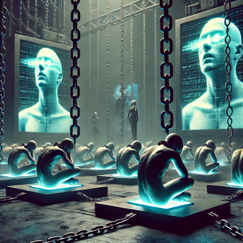 A dystopian scene showing a weakened generation bound by glowing chains to towering media screens, symbolizing enslavement to technology and societal systems.