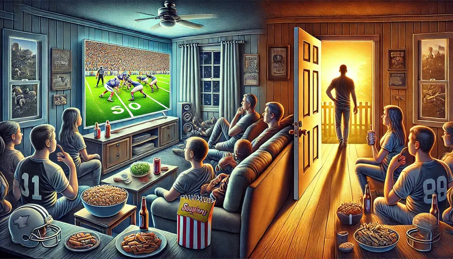 The image depicts a group of people watching football while one individual gets up and walks out the door, symbolizing a choice to step away from the collective activity.