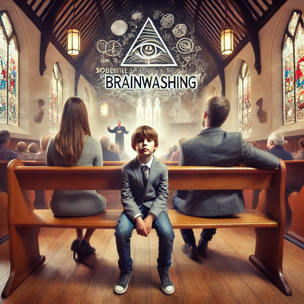 Here is the generated image of a child attending a church service with their family, depicting the influence of societal "Christianism."