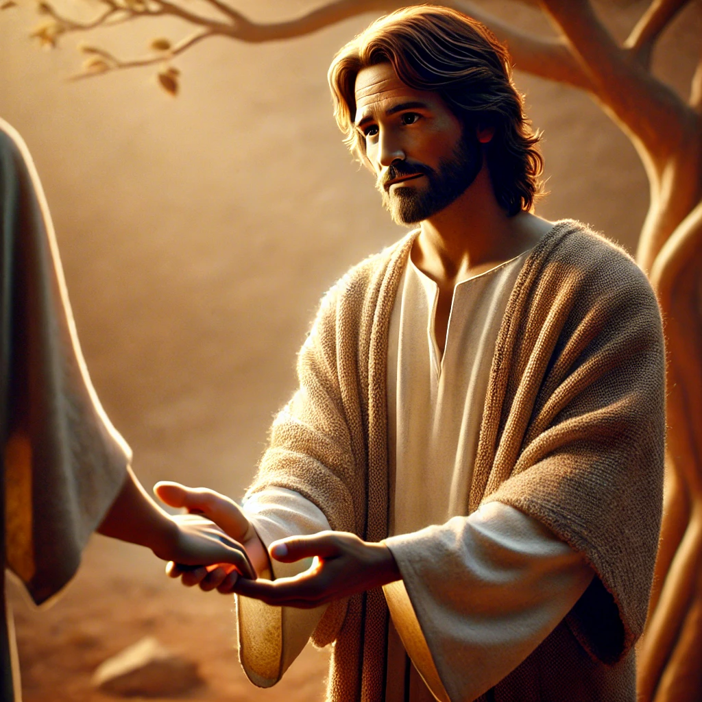 Here is the image depicting Jesus holding the hand of a sinner, symbolizing compassion and forgiveness. 