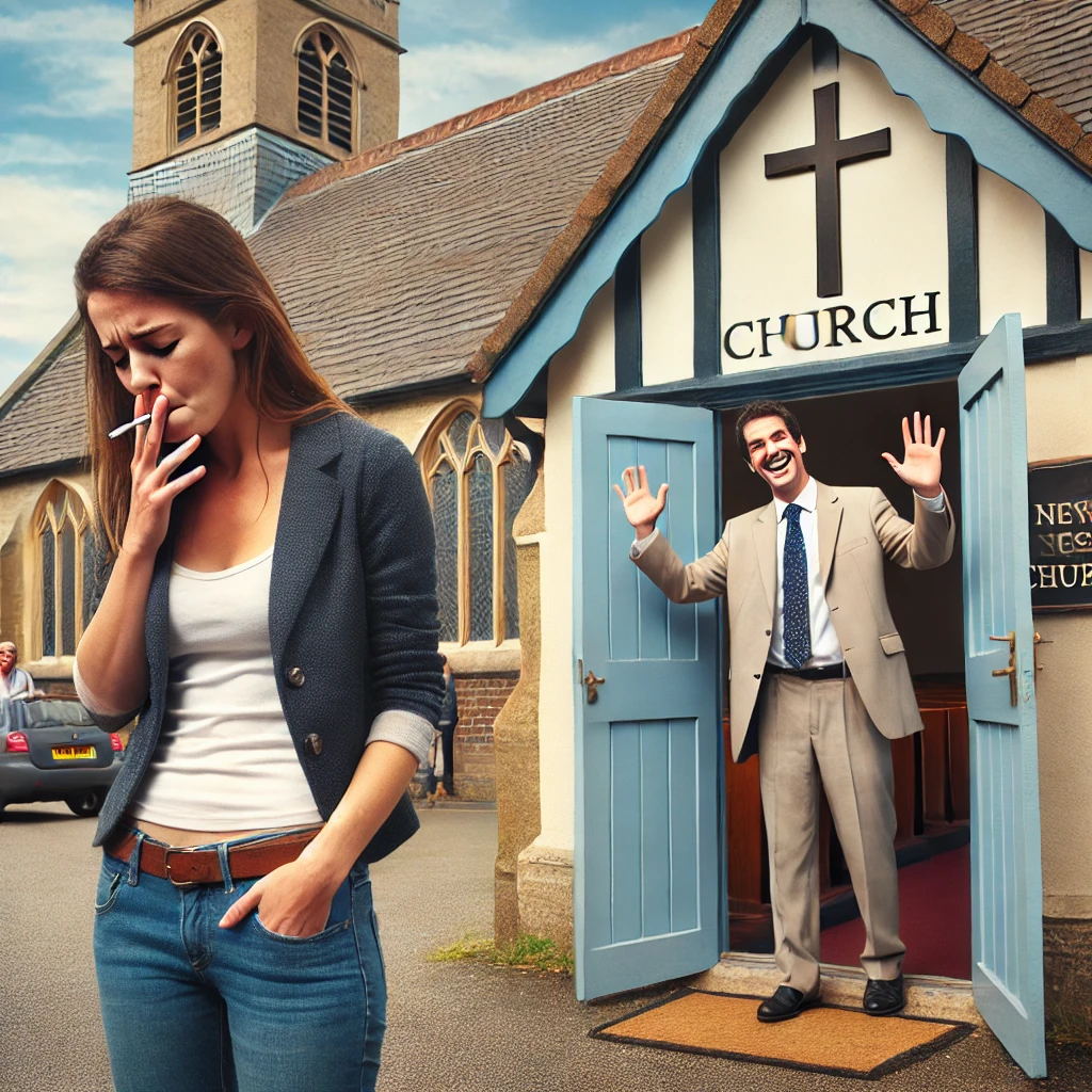 Here is the image depicting a woman smoking outside the church right after the service, with a cheerful preacher waving goodbye.