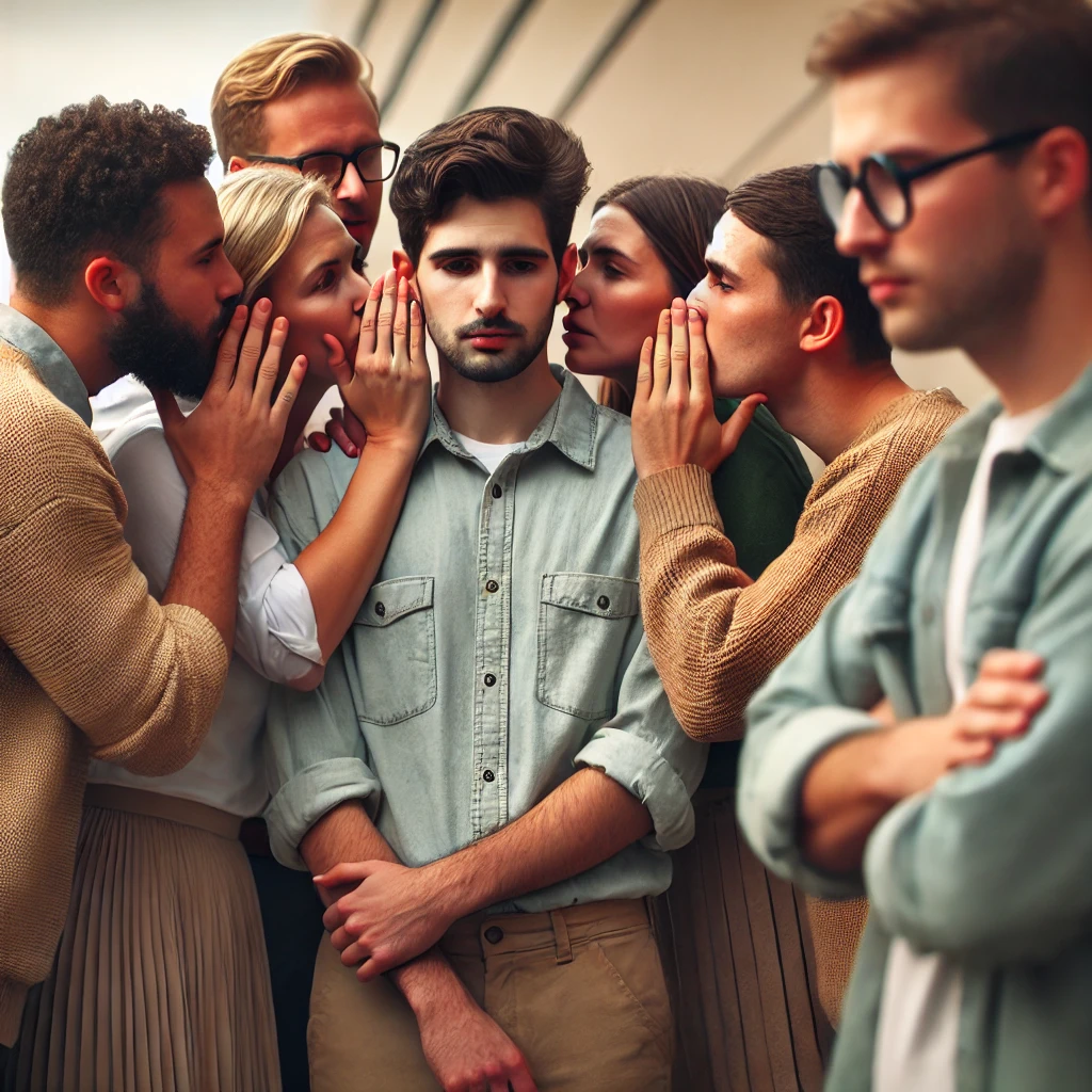 Here is the generated image of the group of people whispering, with someone different standing alone in the background.