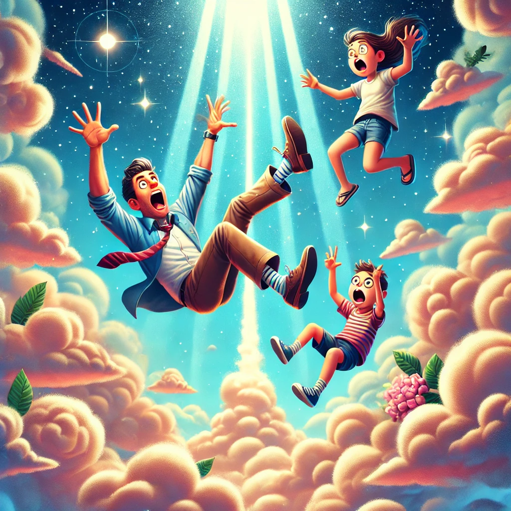 Here is the funny cartoonish image of a family being raptured into the sky, complete with a man being awkwardly pulled by one leg and kids floating joyfully.