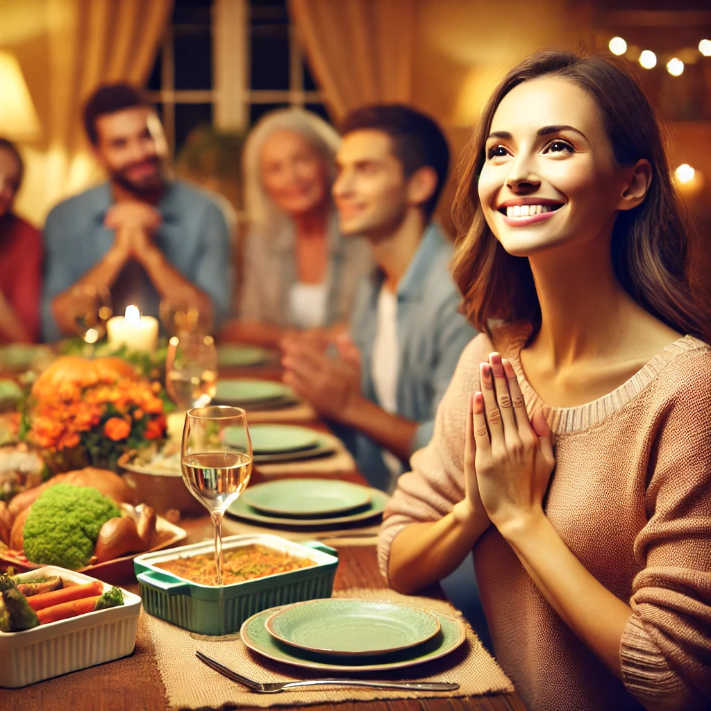 A warm family scene of a woman sitting at a dinner table filled with food, surrounded by smiling family members in a cozy dining room.