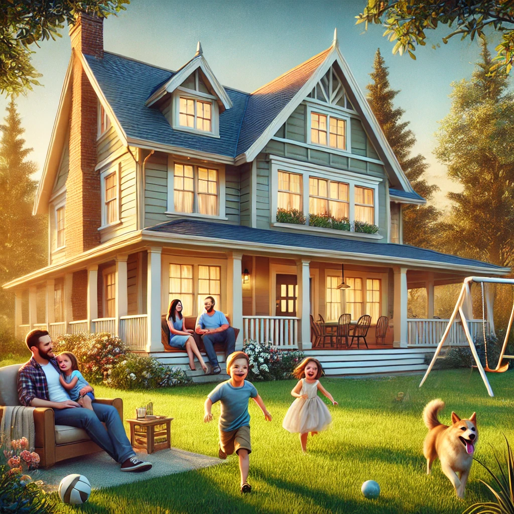 A charming family sitting on their porch of a beautiful house, watching their children playing joyfully in the yard.