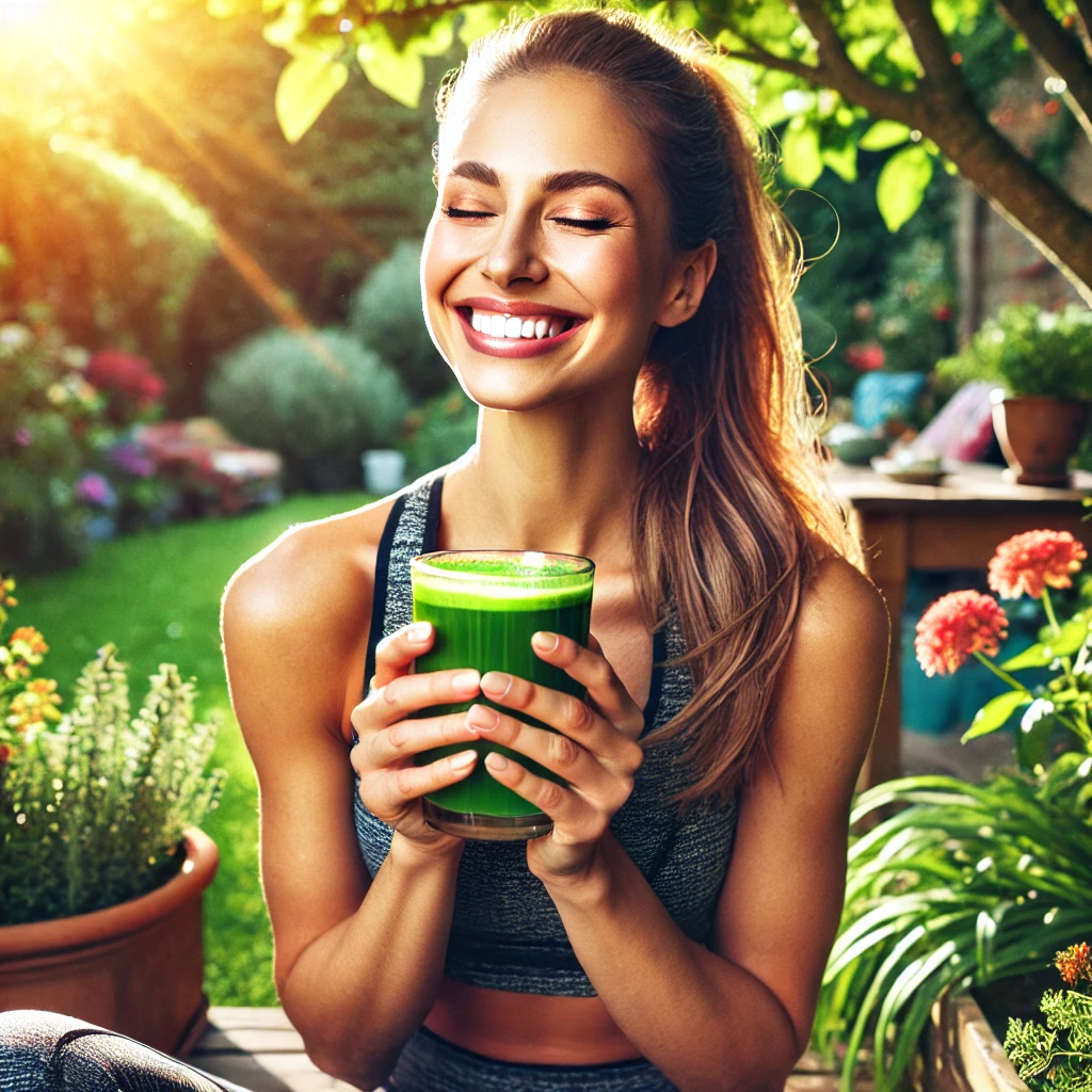 A healthy woman outdoors, holding a glass of green juice and smiling, surrounded by lush greenery and soft sunlight.