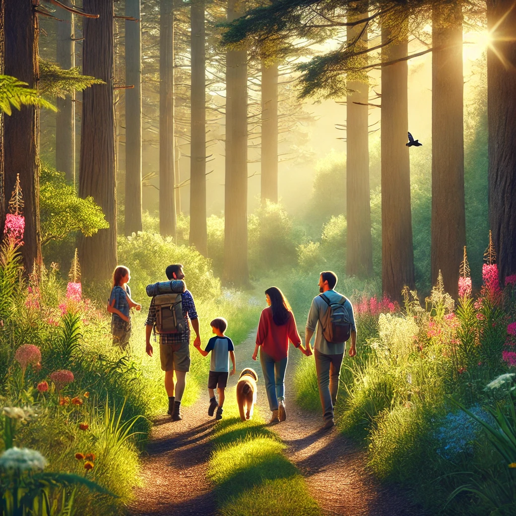 A family walking hand-in-hand along a scenic nature trail surrounded by tall trees, vibrant greenery, and sunlight filtering through.