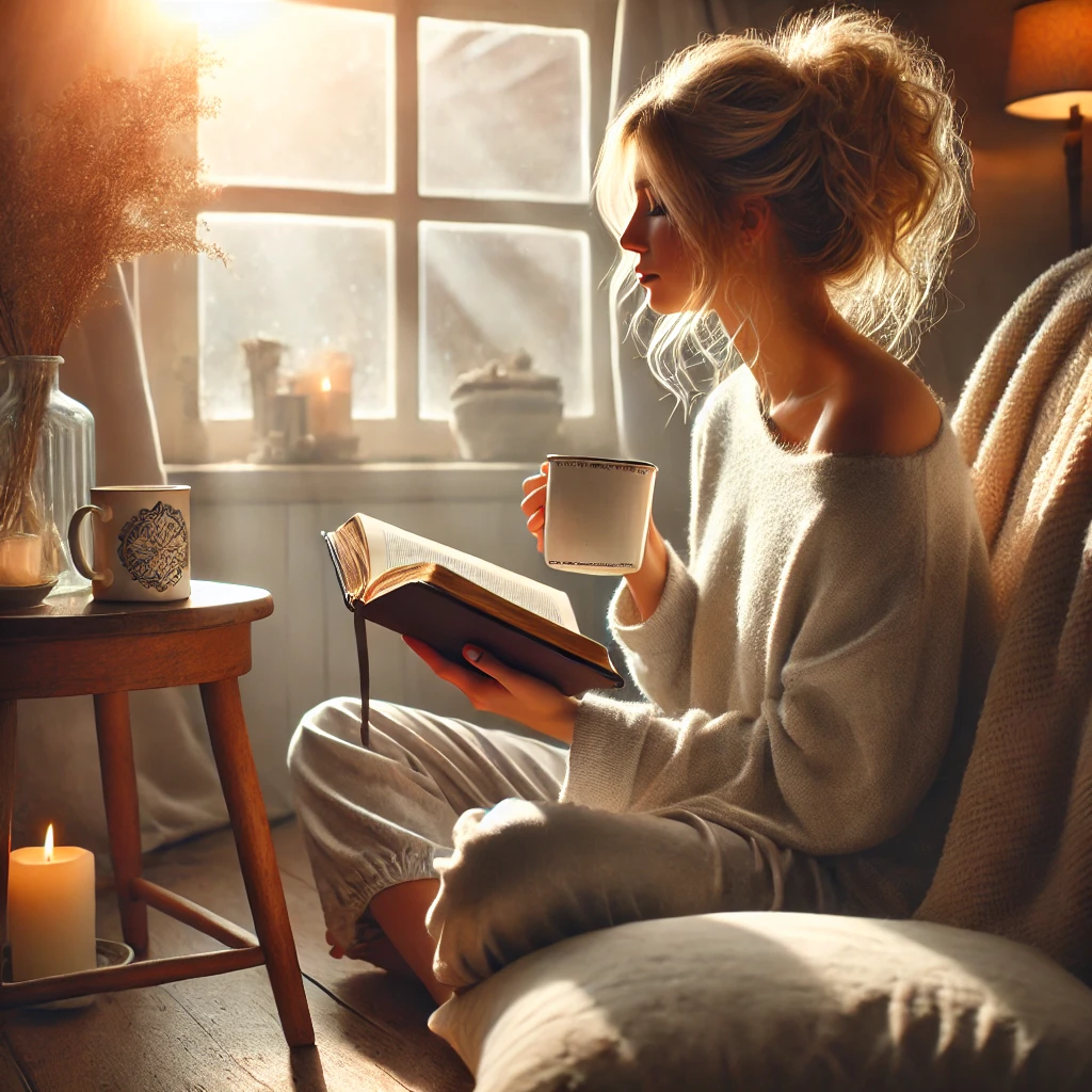 A peaceful scene of a blonde-haired woman sitting by a window, reading her Bible while enjoying a cup of coffee in the morning light.