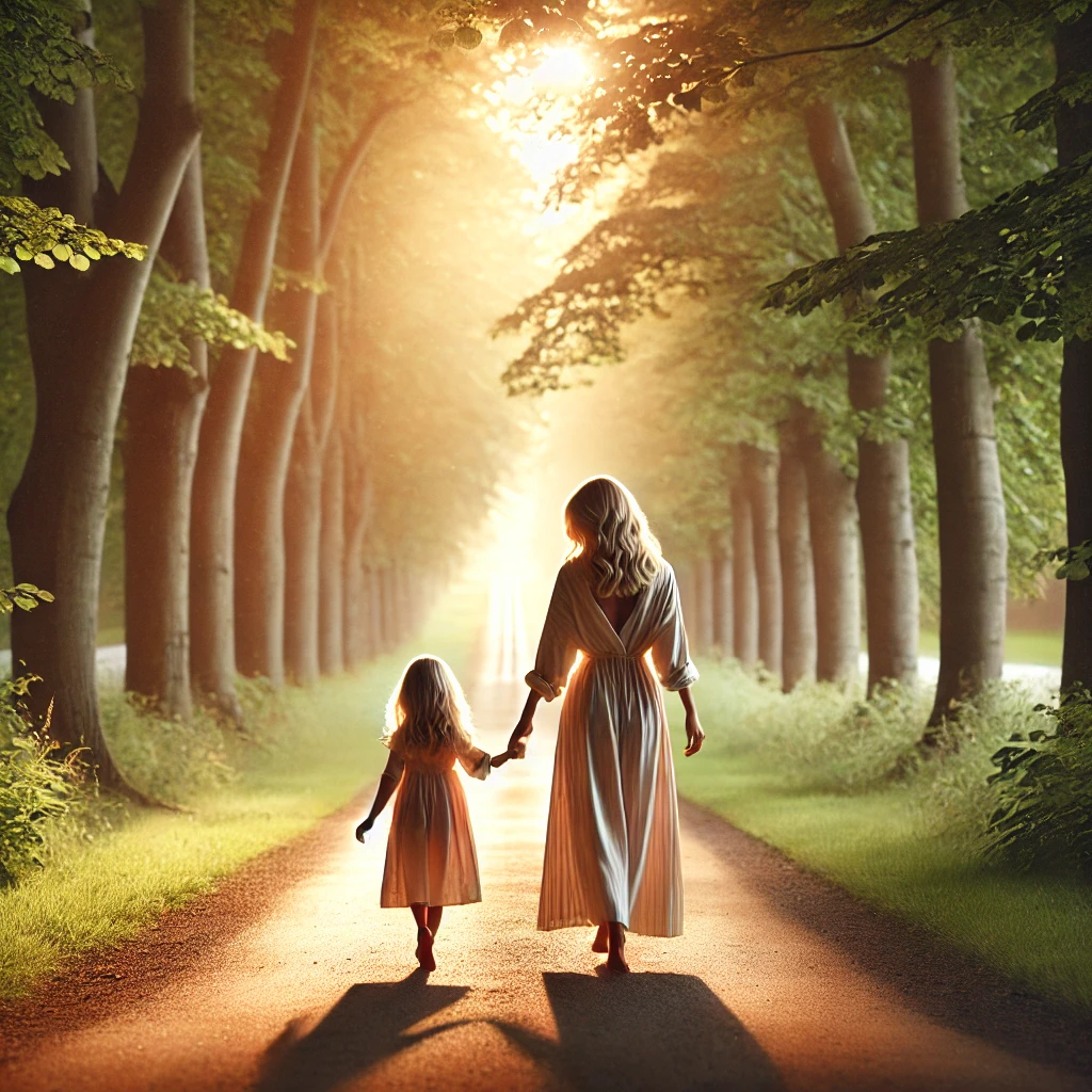 A woman taking a walk, holding her daughters hand and reflecting on the things she is most grateful for in her life.