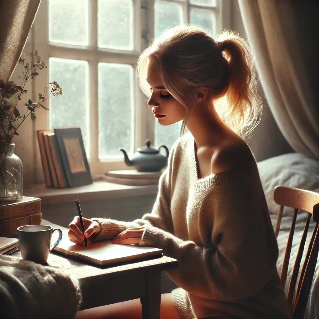 A calm and reflective moment of a blonde-haired woman sitting at a small desk by a window, writing in her journal with natural light streaming in.