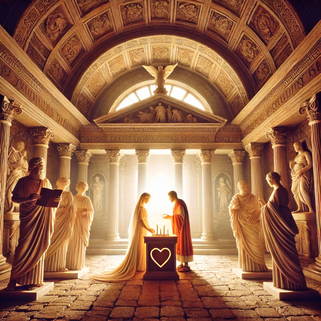 Here is an artistic depiction of Saint Valentine secretly marrying a couple in ancient Rome, symbolizing the roots of Valentine’s Day.