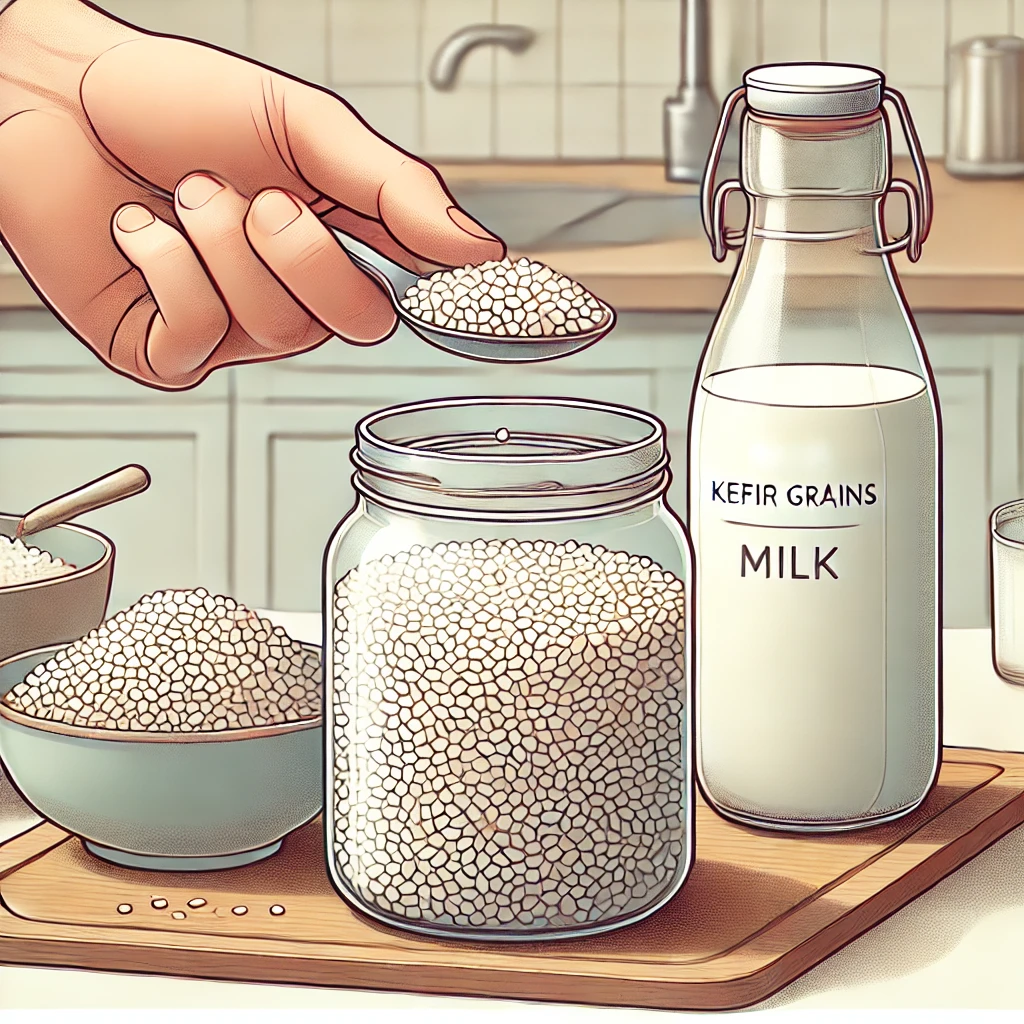 Adding kefir grains to a glass jar.