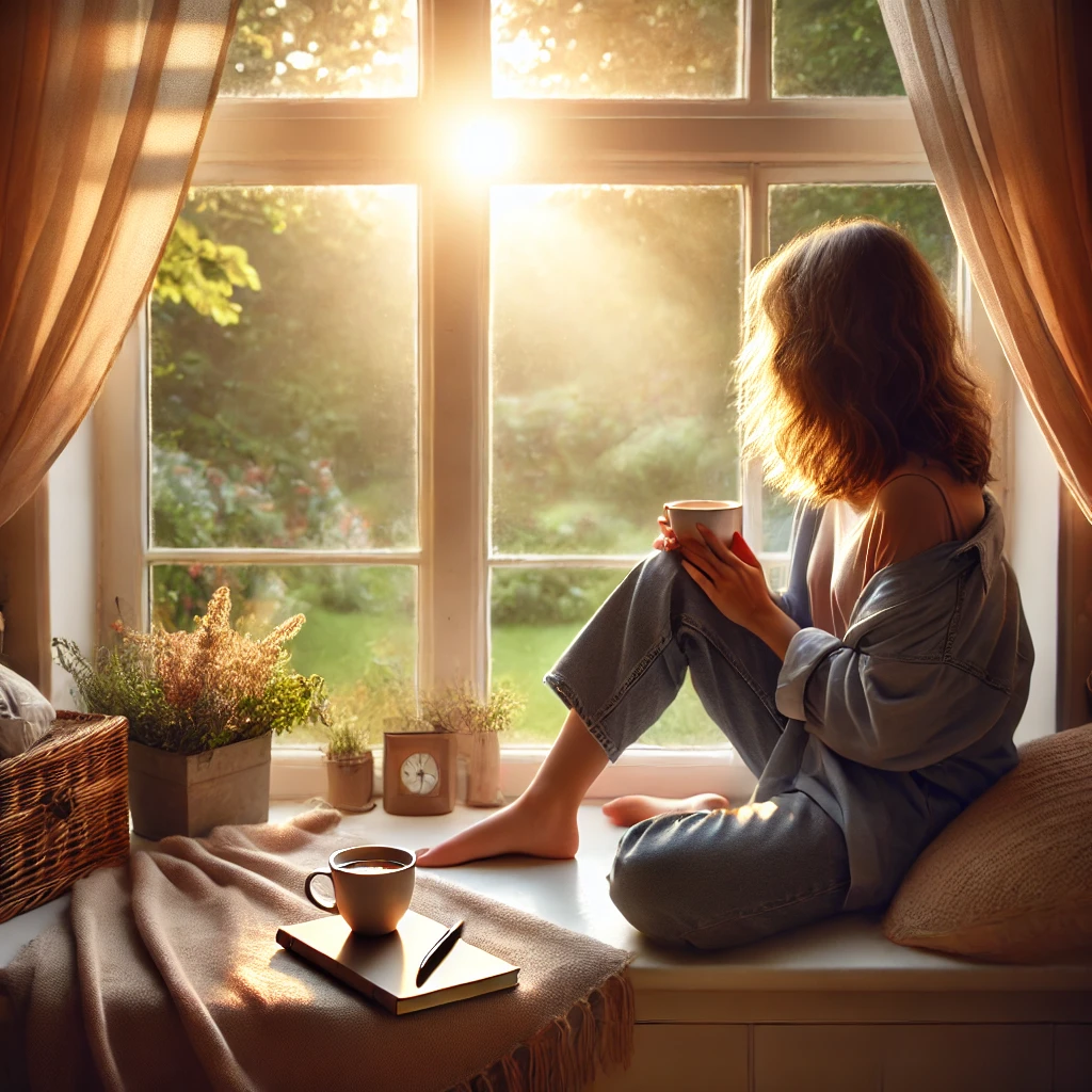 A young adult sits on a windowsill during sunrise, holding a cup of tea with a journal and pen nearby. The warm sunlight fills the room, and a lush garden is visible outside the window, symbolizing tranquility and personal growth.