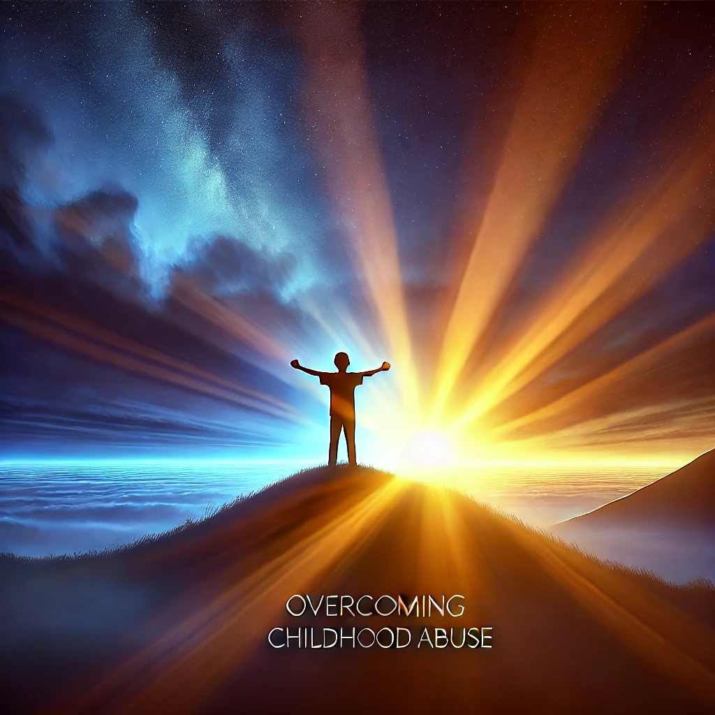 A scene where a man is standing on a mountain top and the bright sunsrise is breaking over the top and representing overcoming abuse.