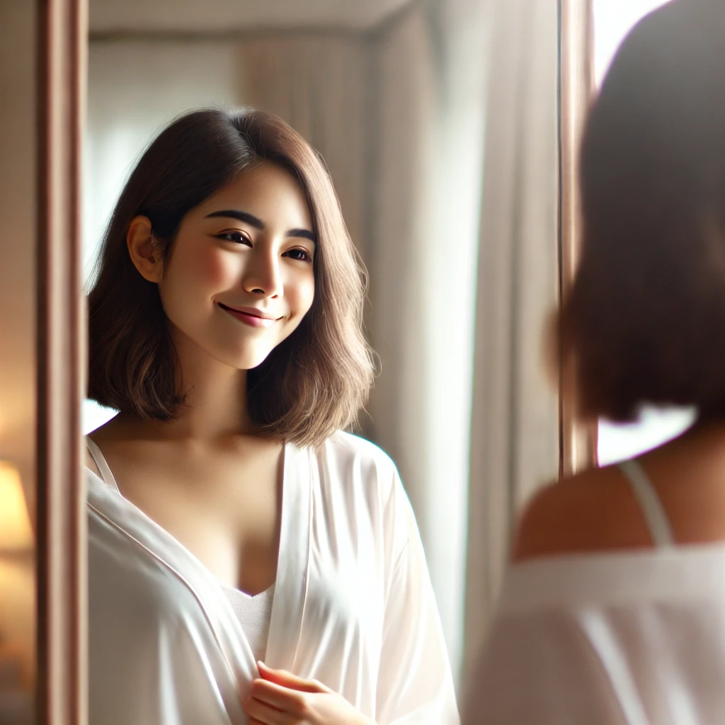 A woman stands in front of a mirror, looking at her reflection with a soft smile. The room is softly lit, and the reflection exudes confidence and self-acceptance, representing healing and self-love.