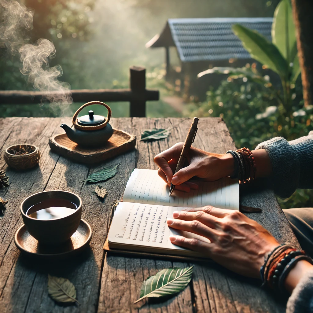 An individual writes in a gratitude journal at a rustic wooden table surrounded by nature. The journal is open, with a hand holding a pen and a steaming cup of tea nearby, symbolizing calm and reflection.