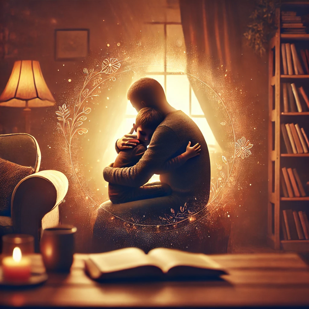 A parent hugs their child in a cozy living room filled with warm light, symbolizing love, healing, and breaking the cycle of abuse through connection and gratitude.