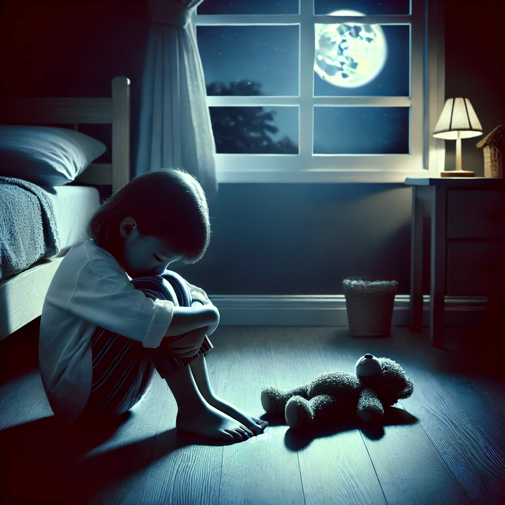 A young child sits alone on the floor of a small bedroom at night, hugging their knees with a downcast expression. The room is dimly lit, with moonlight softly glowing through the window. A teddy bear lies on the floor nearby, symbolizing loneliness and vulnerability.