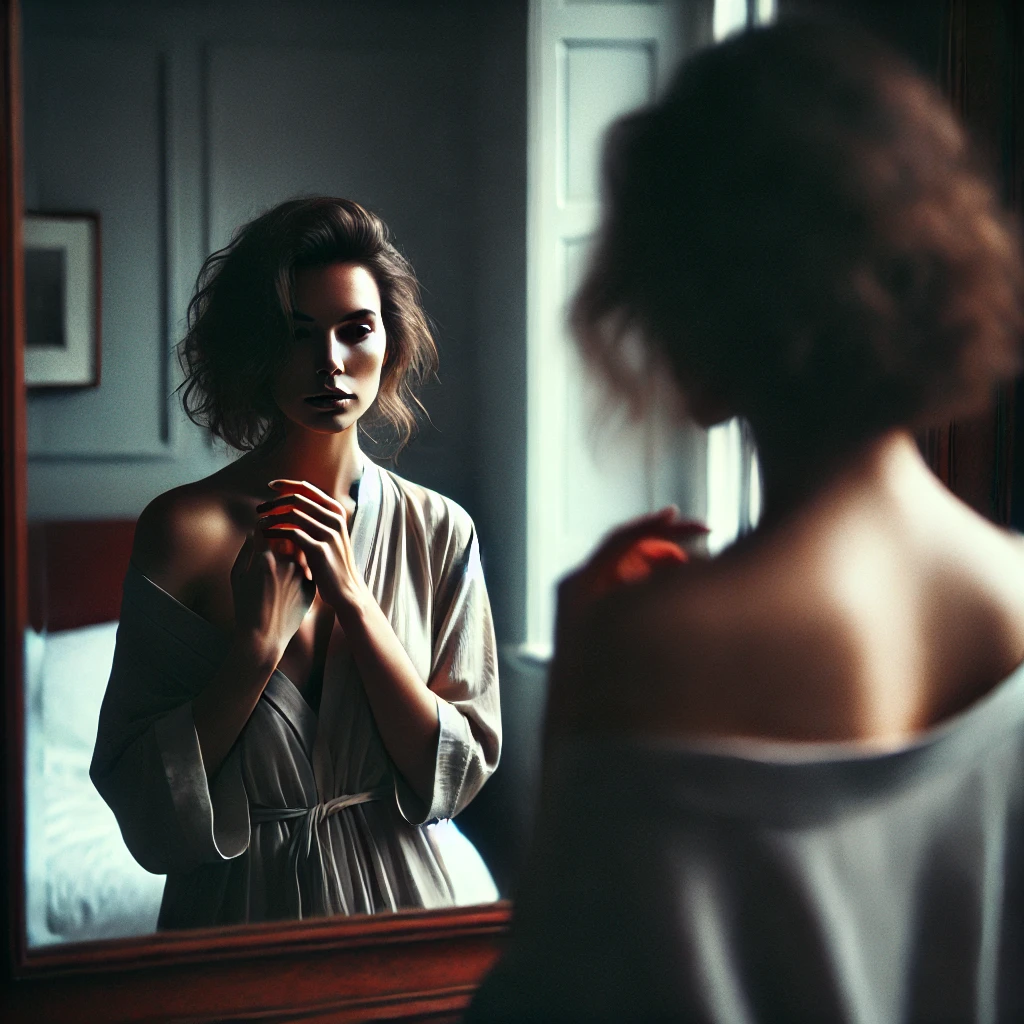 A woman stands in front of a mirror in a dimly lit bedroom, gazing at her reflection with a look of uncertainty. Her hands are gently clasped in front of her, emphasizing a mood of introspection and self-reflection.