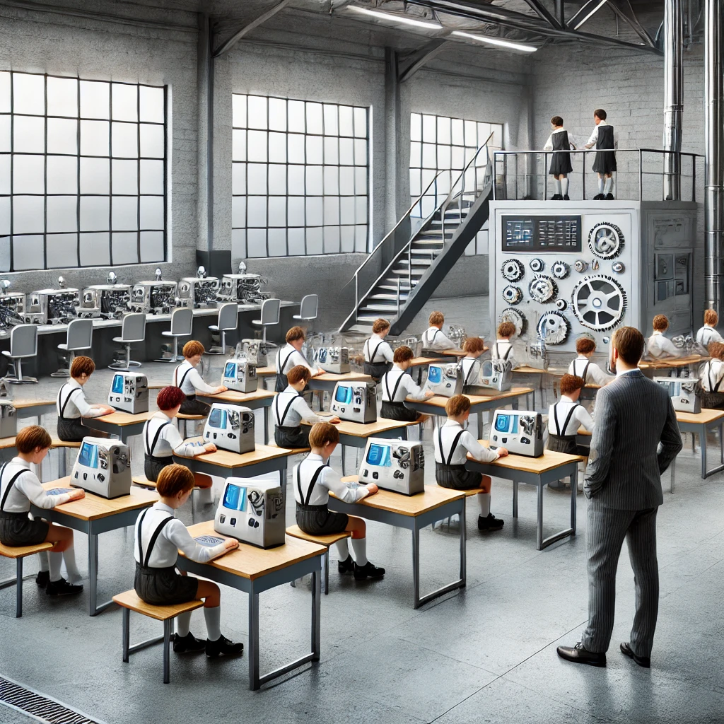 An industrial-style classroom with rows of students in uniform sitting at identical desks, performing repetitive tasks, overseen by a teacher in a gray, factory-like environment, symbolizing an outdated, assembly-line approach to education.