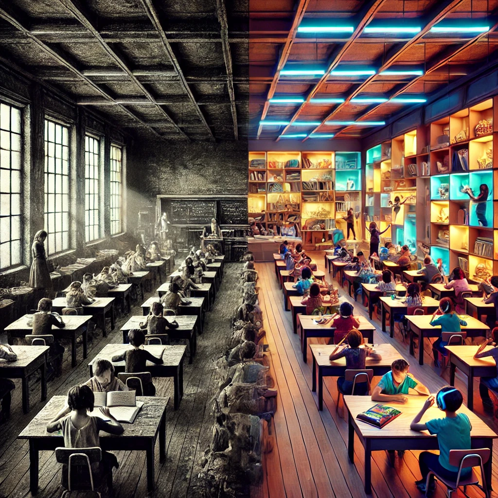 A split image contrasting two classrooms: on the left, a dark, outdated room with students sitting in rigid rows memorizing facts; on the right, a bright and vibrant space where students engage in hands-on activities and discussions, symbolizing the shift from old to modern education models.