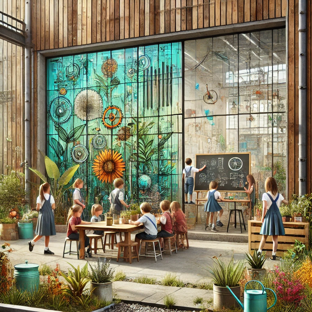 An outdoor homeschooling scene combining natural and semi-industrial elements, where children explore plants and insects, engaging in critical thinking and discussions. The setting features a mix of greenery and structured elements, reflecting a modern and reflective approach to education.